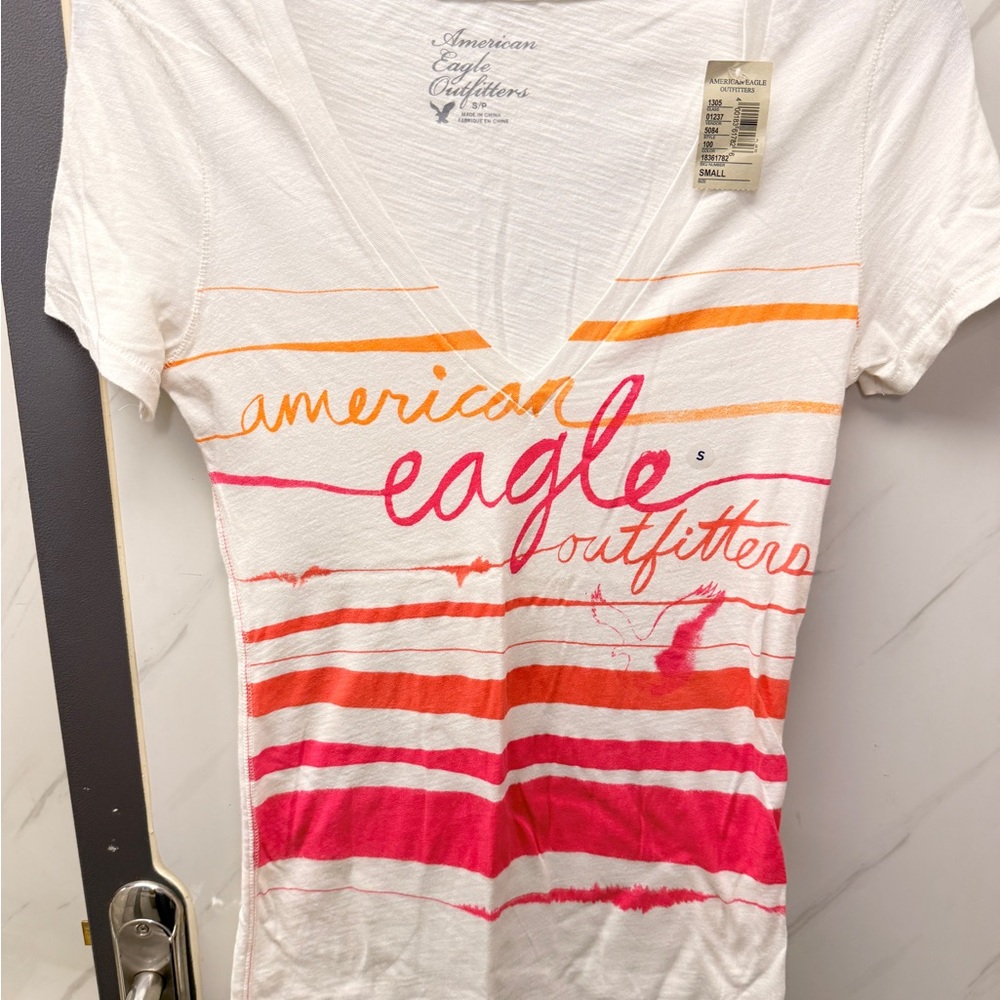 American Eagle Outfitters NWT Women's Striped V-Neck Top - White and Pink Size S